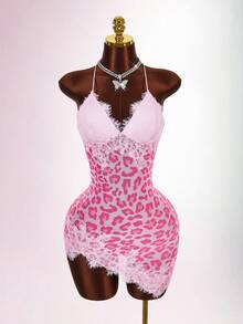 Amplova Women's Camisole Lace Leopard Print Patchwork Design Mini Dress - Pink - View 6