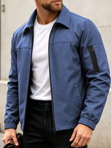 Manfinity Homme Men's Solid Color Decorative Zipper Long Sleeve Fashion Jacket - Royal Blue - View 2
