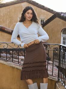 Aralina Women's Stretch Mesh Ruffle Tiered Midi Skirt Going Out Brunch Birthday Vacation Beach Casual Vintage Elegant Rich Brown Autumn - Brown - View 4