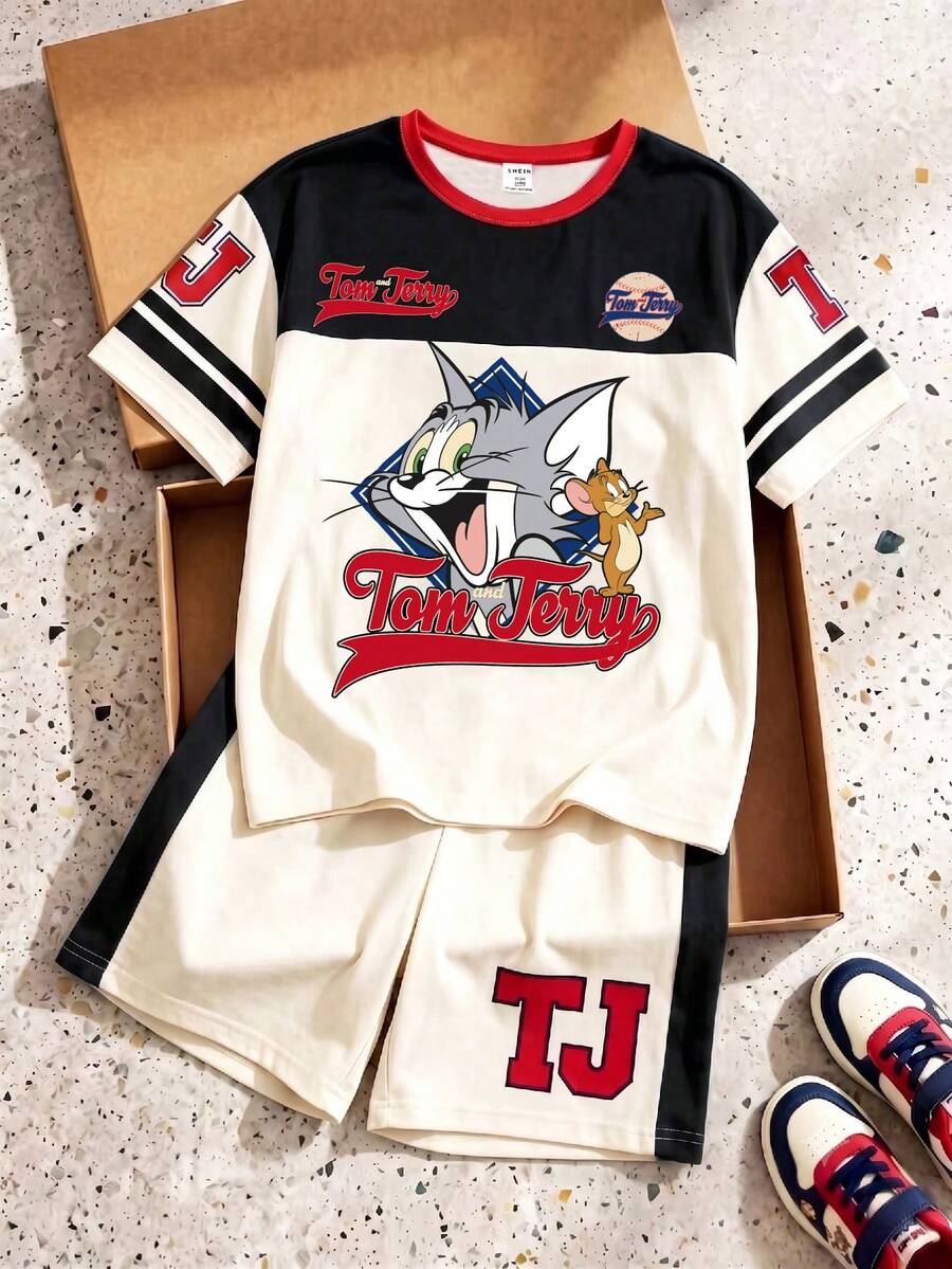 TOM & JERRY X SHEIN GraphicGems 青少年男孩圓領字母卡通印花短袖T恤與短褲休閒日常套裝 - 黑色 - 查看 1