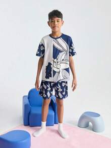 LOONEY TUNES X SHEIN 青少年男孩卡通兔子印花休闲短袖 T 恤和短裤舒适睡衣套装 - 彩色 - 查看 4