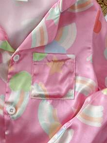 SHEIN Girls' Pink Rainbow Print Collar Open Front Short Sleeve Shorts Set Flame Retardant Loungewear - Pink - View 6