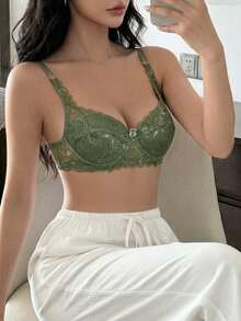 Napfluff 2pcs Women's Solid Color Lace Bra With Underwire - Green - View 3
