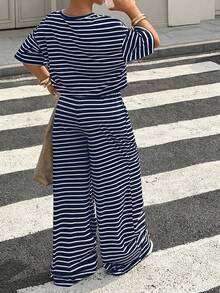 Muchica Navy Blue Plus Size 2pcs Set: Round Neck Short Sleeve Top And Pants - Navy Blue - View 2