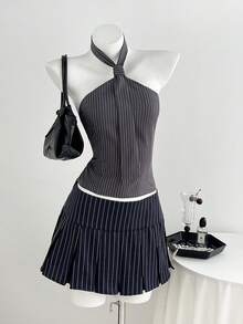 Elamini Spring/Summer White Black And White Sleeveless Blazer Office Wear Daily Commute Fashion Business Casual 70s 90s Preppy Back-To-School School - Dark Grey - View 5