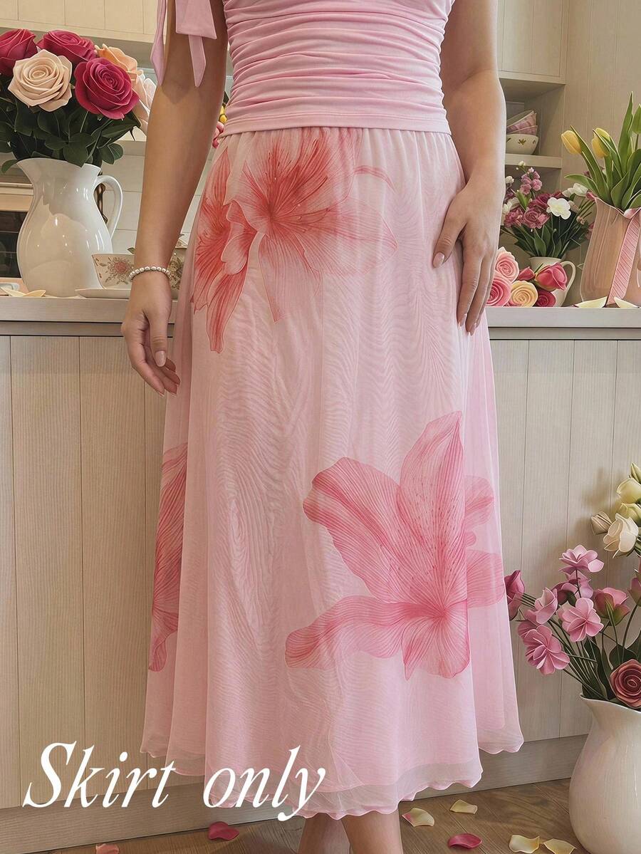 SHEIN MOD 大尺碼優雅花卉印花裙，夏季 - 粉色 - 查看 1