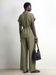 SHEIN Stylify Elegant Casual Teachers' Day New Style Women's Spring/Summer Olive Green Stand Collar Short Sleeve Textured Fabric Suitable For Daily Wear Work Office - Green - View 2