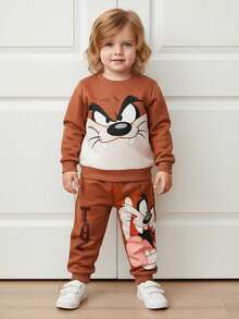 LOONEY TUNES X SHEIN طقم بناطيل رياضية وبلوزة بطباعة حيوانات كرتونية جميلة للأطفال الصبيان، مناسب للخريف والشتاء - بني - مشاهدة 2