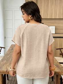 Weeklong Vintage Beige Shirred Sleeve Shirt, Elasticated Neck Ruffle Detail, Linen-Blend Pastoral Top, Plus Size Spring Summer Resort Wear Vacation Beach Chic - Khaki - View 2