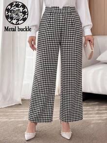 Modelyn Plus Size Women's High Waist Metal Button Design Houndstooth Wide Leg Pants Fall - Black and White - View 1