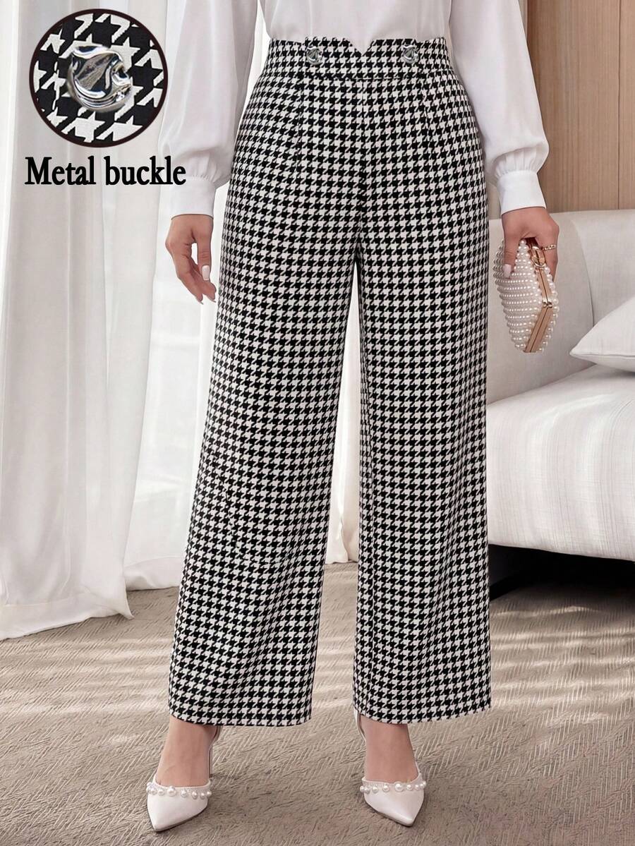 Modelyn Plus Size Women's High Waist Metal Button Design Houndstooth Wide Leg Pants Fall - Black and White - View 1