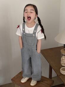 DAZY Peto de mezclilla casual a rayas estilo coreano para bebé/niña pequeña - Azul y blanco - Ver 4