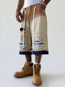 PAVTROS Celana Capri Denim Kancing Saku Berdesain Hip-Hop Ukuran Besar Pria - Khaki - View 5