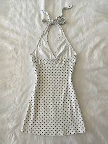 IslaSuriya Women's Vacation Casual Halter Neck Tie-Up Overlap V-Neck Polka Dot Dress - Multicolor - View 2