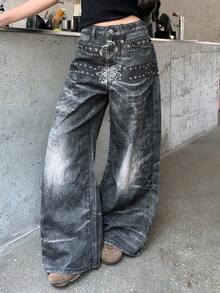 DAZY Jeans rectos holgados casuales de calle con diseño de estampado de cinturón para mujer - Gris - Ver 1