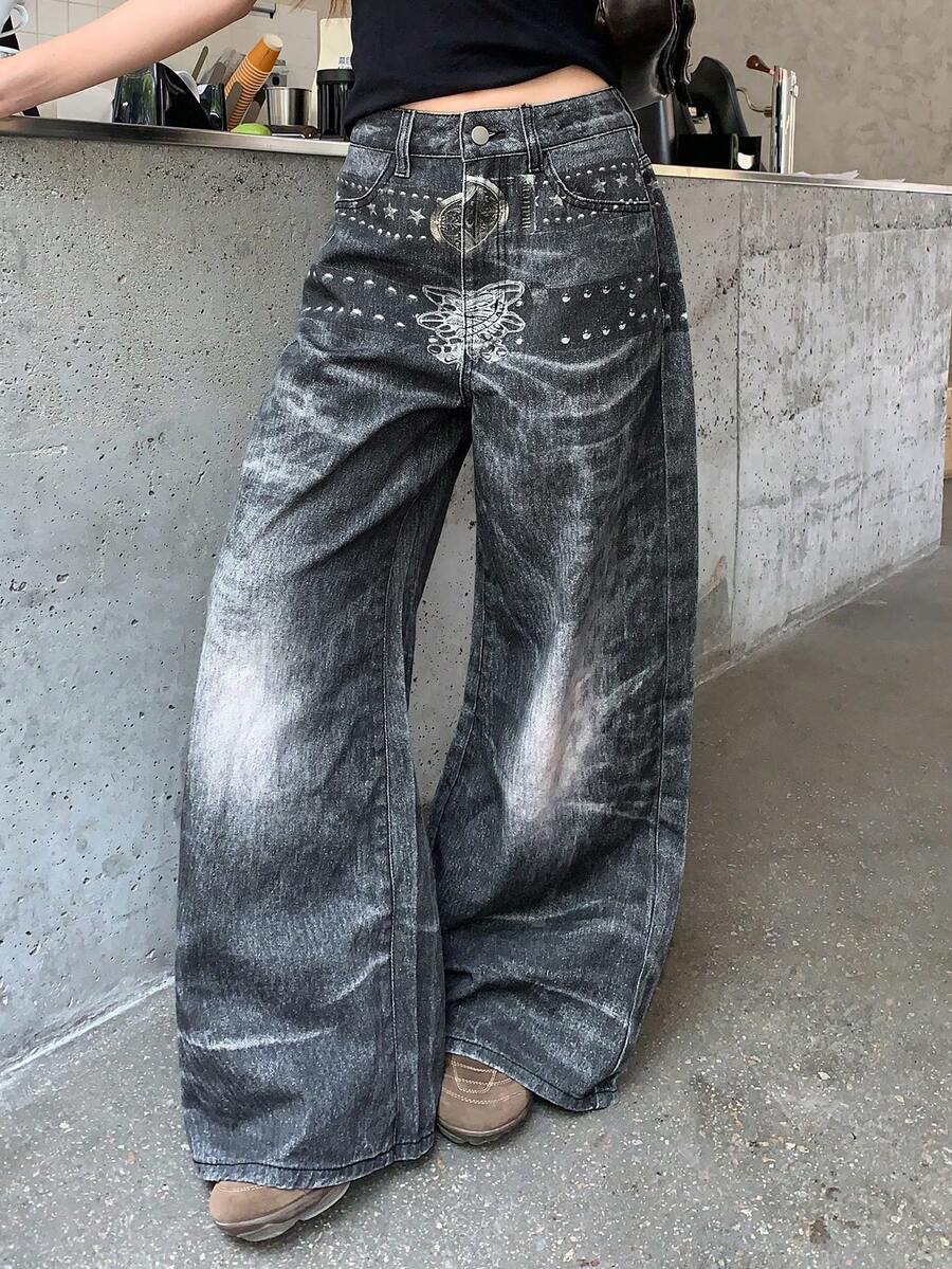 DAZY Jeans rectos holgados casuales de calle con diseño de estampado de cinturón para mujer - Gris - Ver 1