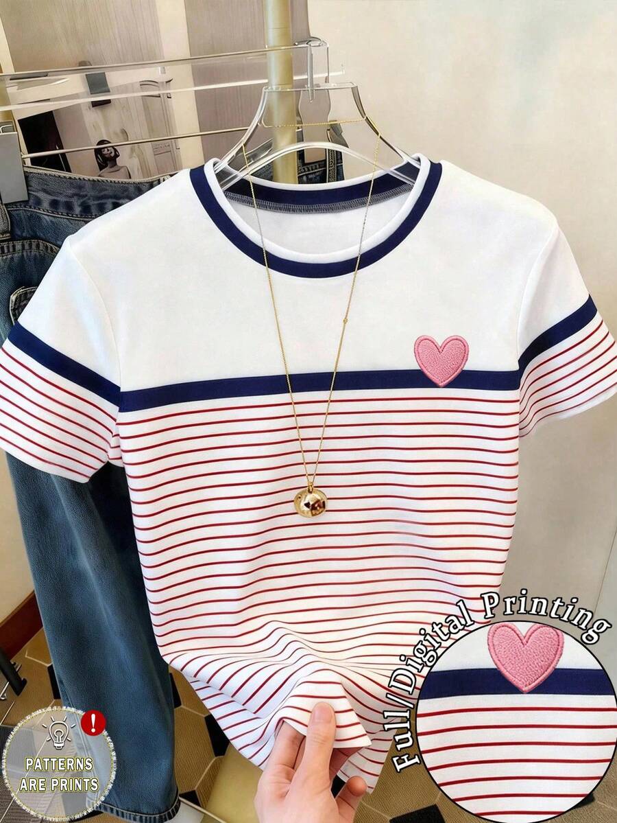 Kaos Anak Perempuan Remaja Kasual Nyaman Modis Minimalis Serbaguna dengan Motif Garis-garis dan Hati yang Dipersonalisasi, Gaya Kasual Musim Semi dan Musim Panas, Lengan Pendek, Atasan Bergaris dengan Blok Warna, Pas Badan, Cocok untuk Pakaian Sehari-hari, Cocok untuk Musim Semi, Musim Panas, dan Musim Gugur. - MultiWarna - View 1