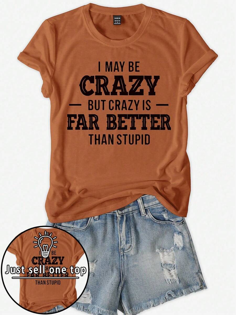 INAWLY Sommar Slogan Print Kortärmad Casual T-shirt för kvinnor - Kaffebrun - Visa 1