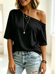 Balvessa White One-Shoulder Casual Versatile Women's Short Sleeve T-Shirt - Black - View 3