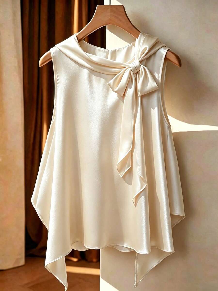 Franclia 大尺碼春夏時尚度假風不對稱下擺蝴蝶結無袖雪紡上衣 - 香檳色 - 查看 1