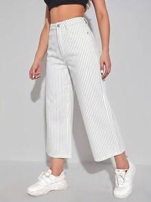 Women's Striped Colorblock Fashion Button Pocket Denim Cropped Pants - White - View 4
