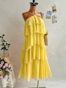 Soleia Nouvelle robe longue élégante et romantique pour invitée de mariage, couleur unie, dos nu, volants multicouches en mousseline, bohème, boho, floral romantique, vacances, fête florale, rendez-vous, Saint-Valentin, Pâques, carnaval, thé de l'après-midi, plage, croisière, vacances, rue de la ville, vacances - Jaune citron - Voir 8