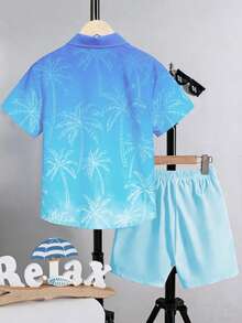SHEIN 2pcs/Set Tween Boys Blue Summer Casual Shirt,Beach Palm Tree Ombre Print Polo Collar Short Sleeve Shirt&Minimalist Sports Shorts,Vacation Holiday Wear - Blue - View 2