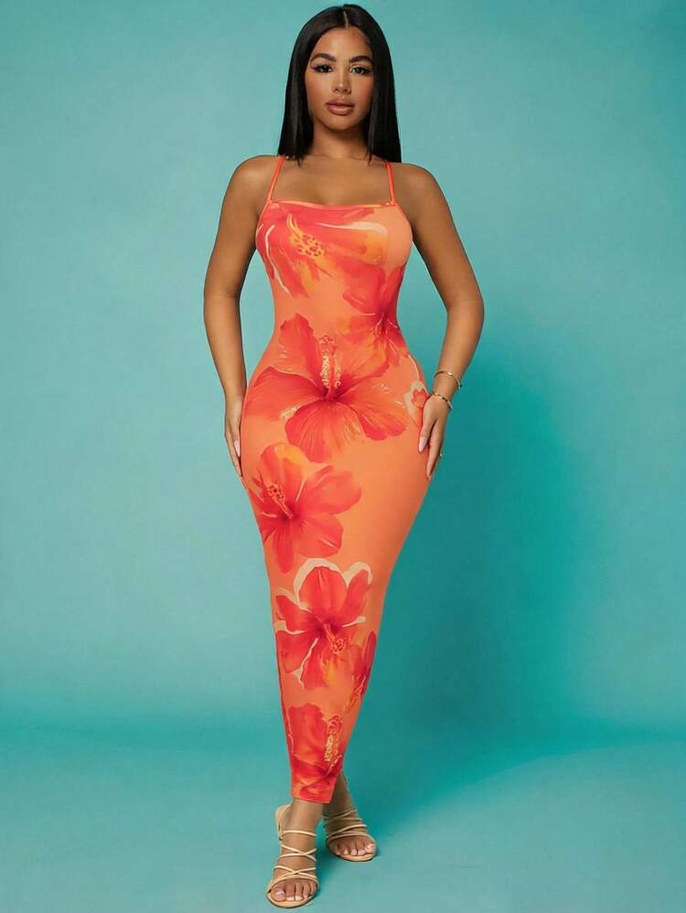 SHEIN SXY Đầm bodycon trơn lưng hở đan chéo, đầm dài mùa hè đi concert, đầm dạ hội phong cách coquette, đầm sexy, đầm Valentine - Nhiều màu - Xem 1