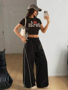 SHEIN PETITE Pantalon noir à jambes larges pour femmes, style streetwear vintage, festival, sortie, retour à la maison, basique, essentiels pour le port quotidien, automne/hiver, pour femmes de petite taille - Noir - Voir 9