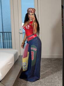 Jeanoix Y2K Women's Street Style Cartoon Print Patchwork Contrast Color Wide Leg Denim Jeans Hip Hop Cool Straight Leg Pants Going Out Everyday Blue Summer - Dark Wash - View 3