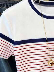Kaos Anak Perempuan Remaja Kasual Nyaman Modis Minimalis Serbaguna dengan Motif Garis-garis dan Hati yang Dipersonalisasi, Gaya Kasual Musim Semi dan Musim Panas, Lengan Pendek, Atasan Bergaris dengan Blok Warna, Pas Badan, Cocok untuk Pakaian Sehari-hari, Cocok untuk Musim Semi, Musim Panas, dan Musim Gugur. - MultiWarna - View 3