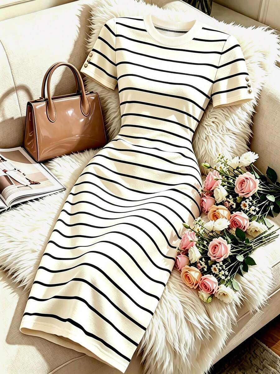 SHEIN LUNE CURVE 大尺碼女款新款時尚黑白條紋圓領短袖修身中長洋裝,夏季風格 - 彩色 - 查看 1