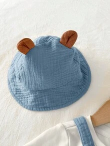 SHEIN Unisex Newborn Baby Boy/Girl 100% Cotton 2pcs Spring/Summer Cute Little Lion Design Crinkle Fabric 3D Shorts Suspenders And Hat Set, Baby Rompers, Baby Summer Outfit, Baby Summer Clothes - Dusty Blue - View 4