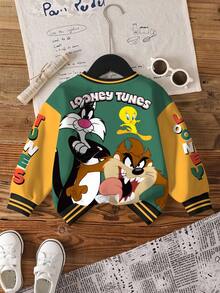 LOONEY TUNES X SHEIN 男童休闲拼色卡通图案圆领保暖卫衣，秋季 - 白色 - 查看 2