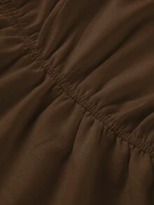 Franclia Plus Size Women's Solid Color Slub Fabric V-Neck Cinched Waist Belt With Large Metal Buckle Decor Pleated Cap Sleeve A-Line Brown Blouse Brunch Summer - Coffee Brown - View 5