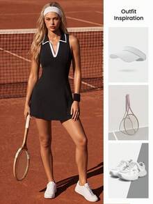 CourtClass CourtClass 女款運動洋裝 白色POLO領網格拼接修身防走光安全褲網球裙運動裙 - 黑色 - 查看 4