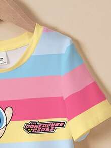 THE POWERPUFF GIRLS X SHEIN 年轻女孩夏季休闲卡通彩色条纹印花短袖T恤连衣裙 - 白色 - 查看 5