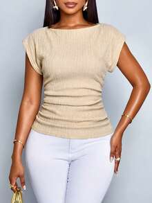 SOLERSUN Sexy And Elegant Women's Commuter Casual T-Shirt, Fitted Waist, Stylish Top, Spring/Summer Vintage Style, Khaki Textured Fabric. Brunch - Apricot - View 5