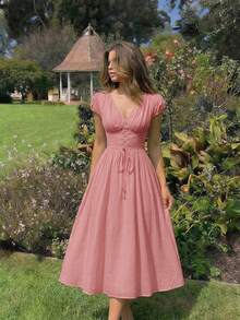 Skyraze Vestido midi elegante y dulce para mujer con mangas abullonadas y cintura anudada - Rosa - Ver 3