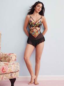 Elorette Elegant Retro Colorful Embroidery Backless Mesh Ruffle Hem Sexy Women Lingerie Jumpsuit - Black - View 2
