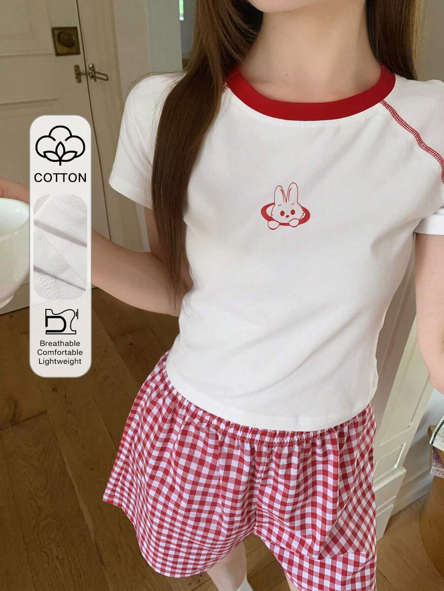 DAZY 女士卡通印花插肩袖T恤和格子短裤睡衣套装 夏季 - 白色 - 查看 1