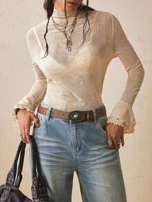 Freevana Women's Plus Size Long Sleeve Sheer T-Shirt, White Sequin Flocked Lace Knit Top, Slim Fit, Ruffle, Elegant Boho Western Casual Autumn Tea Party - Apricot - View 6