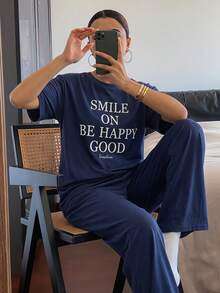 DAZY 女款字母印花寬鬆短袖上衣與長褲兩件式休閒套裝睡衣 - 藏蓝色 - 查看 5