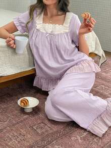 DAZY Conjunto de pijama de mujer de 2 piezas con volantes dulces, encaje bordado, patchwork y mangas de pétalo para verano - Morado - Ver 6