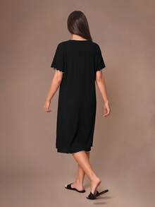 Lazeform Two-Tone Trimmed Black Jacquard Knit Collar Short Sleeve Robe - Black - View 2