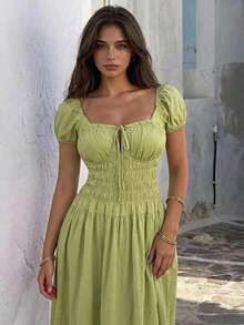 Joudiya Frühling & Sommer Grünes Midi-Kleid mit französischen Blütenärmeln, elegant tailliert, geeignet für Valentinstag, Hochzeit, Party, Pendeln, Sommerkleid - Avocadogrün - Übersicht 2