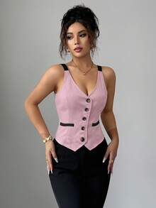 Elenzga Summer Elegant Commuter Vacation Casual Versatile Slim Fit Deep V-Neck Woven Romantic Vintage Button Exquisite Vest - Pink - View 4