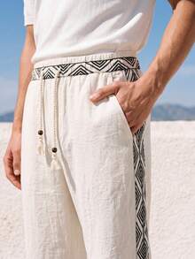 Manfinity VDAYZ Men's Geometric Print Drawstring Waist Pockets Casual Versatile Pants, Fall - Apricot - View 3