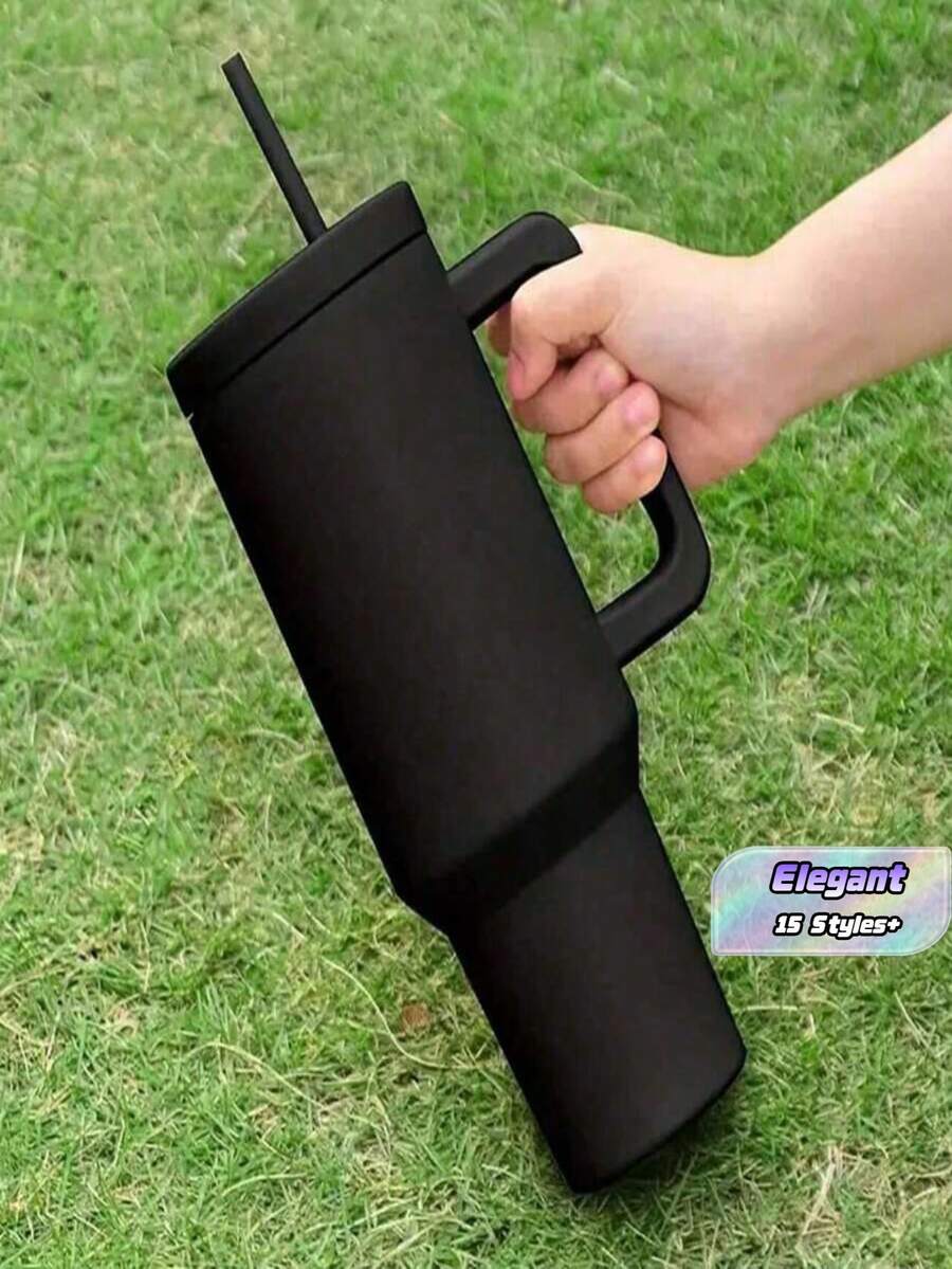 Gelas Isolasi 900/1200 ml dengan Pegangan dan Sedotan, Botol Air Stainless Steel 304 untuk Mobil - Hitam - View 1