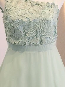 Wedding Season Teen Girls Elegant Flowy Playful Water-Soluble Lace Patchwork Chiffon Hollow One-Shoulder Short Dress Solid Color Emerald Green Summer - Green - View 3